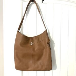 Tory Burch Ivy Hobo Shoulder Bag Brown Pebbled Leather Zip Around Expands
